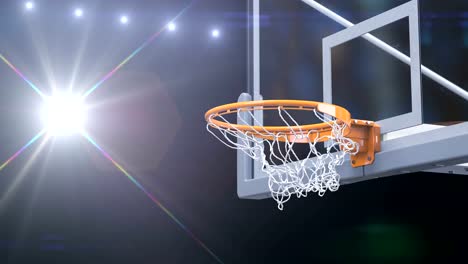 Hermosa-baloncesto-bola-golpea-canasta-red-lenta-Close-up-foto-parpadea.-Bola-vuela-girando-en-el-aro-de-baloncesto-con-luces-de-estadio.-Concepto-del-deporte-de-animación-en-3d