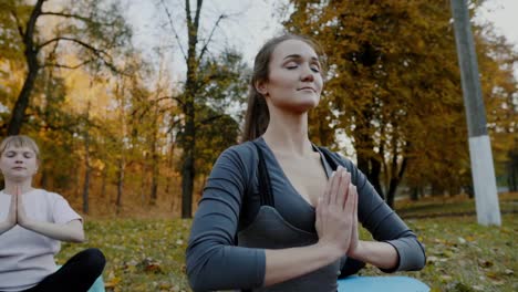 Gruppe-junger-Frauen,-die-Yoga-im-Freien-zu-praktizieren.-Weibchen-meditieren-im-Freien-vor-der-schönen-Herbst-Natur