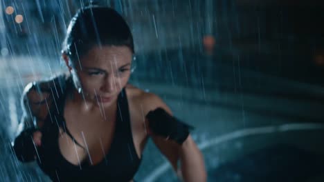 Beautiful-Sporty-Fitness-Girl-is-Doing-Sharowboxing-Exercises.-She-is-Doing-a-Workout-at-Night-in-Heavy-Rain-with-One-Light-Behind-Her.