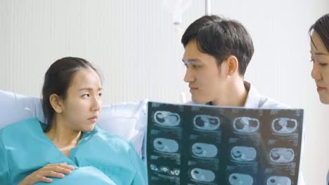 Doctor-showing-X-ray-scan-results-to-pregnant-woman-and-her-husband-with-serious-emotion.-People-with-healthcare-and-medical-concept.