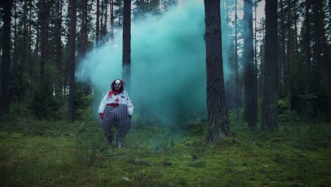 4K-Halloween-Horror-Clown-in-Spaziergänge-im-Wald-in-Rauch