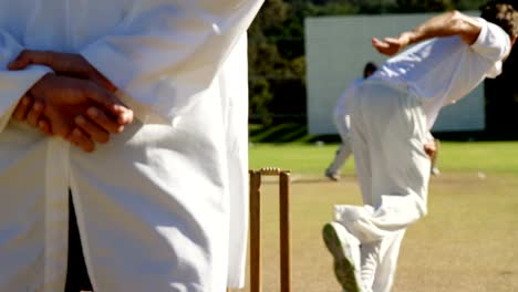 Bowler-liefert-Ball-während-Cricket-match