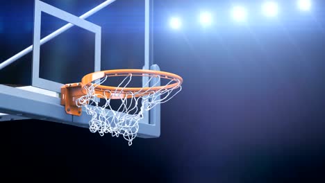 Hermosa-baloncesto-bola-golpea-canasta-red-lenta-cerca-cámara-Fly.-Bola-vuela-girando-en-aro-de-baloncesto-con-luces-de-estadio-azul.-Concepto-del-deporte-de-animación-en-3d