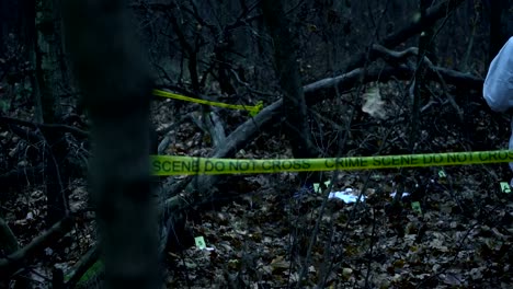 Alguien-viendo-el-perito-forense-en-la-escena-del-crimen-en-el-bosque,-peligro,-suspenso