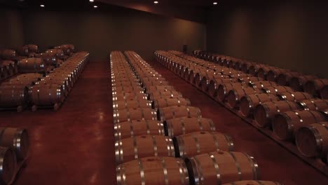 Aerial-view-Barrels-in-a-wine-cellar,-Bordeaux-Vineyard,-France