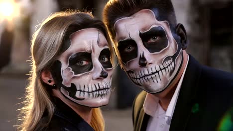 Pareja-con-un-maquillaje-terrible-para-Halloween-se-enfrentan-a-un-fuego-ardiente.