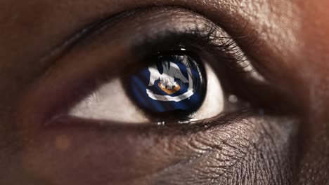 Woman-black-eye-in-close-up-with-the-flag-of-Louisiana-state-in-iris,-united-states-of-america-with-wind-motion.-video-concept