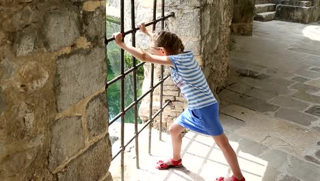 Young-girl-shake-grill-in-fortress-or-castle.-She-want-go-out.-Need-freedom.-Young-girl---prisoner-in-chateau.