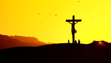 Jesus-am-Kreuz-und-Gläubige-beten-gegen-heiße-Sonnenuntergang