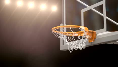 Schönen-Basketball-Ball-trifft-Korb-Netto-Zeitlupe-Nahaufnahme-Kamera-fliegen.-Ball-fliegt-Spinning-in-Basketball-Hoop-Gold-Stadion-Strahler.-Sport-Konzept-3d-Animation