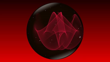 Magic-mysterious-sphere-in-black-and-red-design-with-small-white-flying-sparkles-rotating-on-red-and-black-gradient-background