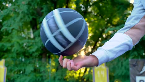 Basketball-spinning-on-one-finger,-park-with-sunset,-trees-in-background,-open-area