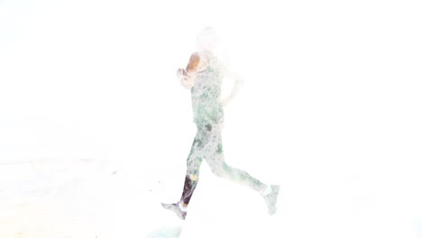 Healthy-young-woman-running-on-the-seaside-on-sunrise,-double-exposure-video