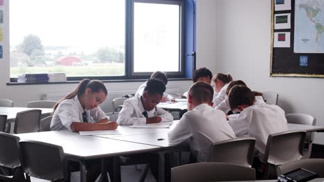 Grupo-de-estudiantes-de-secundaria-con-uniforme-trabajo-en-escritorio-en-el-aula