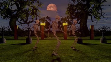 Dancing-skeletons-in-the-cemetery-at-night.-Halloween-concept.