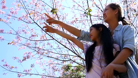 Asian-mother-and-daughter-enjoy-with-cherry-blossom