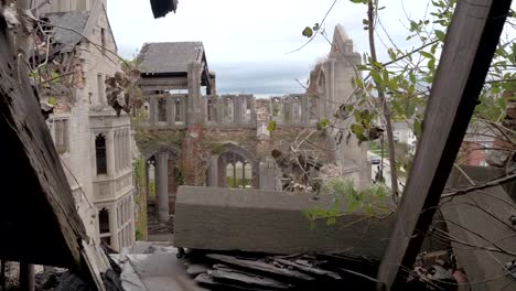 FPV:-Standing-on-the-collapsing-roof-of-abandoned-City-Methodist-Church,-Gary