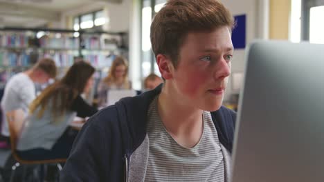 Männliche-Schüler-arbeiten-am-Computer-In-der-Universitätsbibliothek