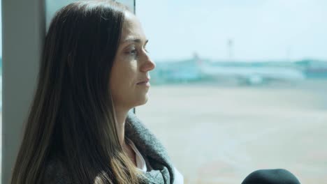 Joven-mujer-triste-está-llorando-en-el-aeropuerto-con-el-avión-en-el-fondo