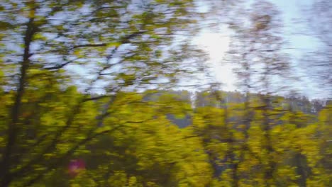 Autumn-Driving---Driving-on-a-mountain-road-on-a-beautiful-autumn-day.-POV-shot-from-the-side-window-of-a-car,-hand-held-camera,-shot-against-the-sun