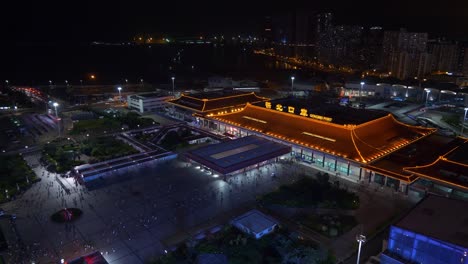 zhuhai-city-night-illuminated-border-port-rooftop-panorama-4k-china