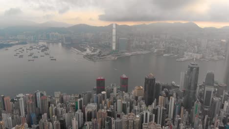 Aerial-panning-left-to-right-shot-of-Hong-Kong-skyline