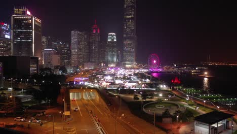 Imágenes-de-vista-aérea-de-4K-de-Hong-Kong-escenas-de-noche-hermosa-en-el-Distrito-Central-de