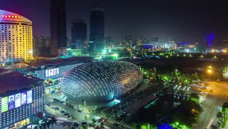 china-oct-bay-shenzhen-night-light-exhibition-center-roof-top-view-4k-time-lapse