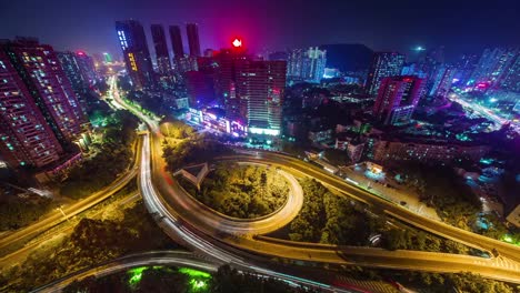 china-night-light-traffic-round-crossroad-roof-top-panorama-4k-time-lapse-shenzhen