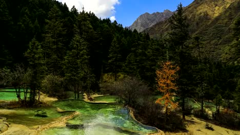 Huanglong-Mountain-Con-hermosa-piscina-de-calcificación-de-la-naturaleza-en-Sichuan,-China,