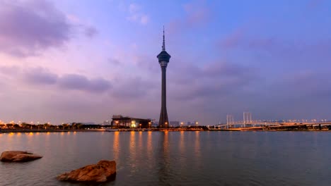 (4-Shots)-Macau-Tower-And-Macau-Bridge-Landmark-On-Dawn-Of-Macau-China-4K-Time-Lapse