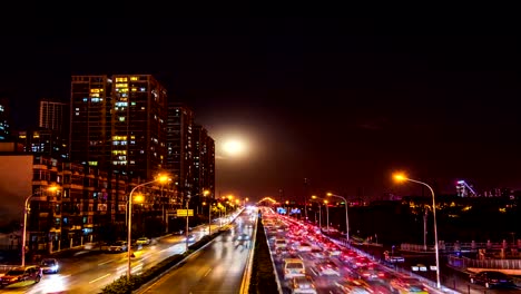 Skyscrapers-in-Beijing,-China.-Moon-rise.-Timelapse