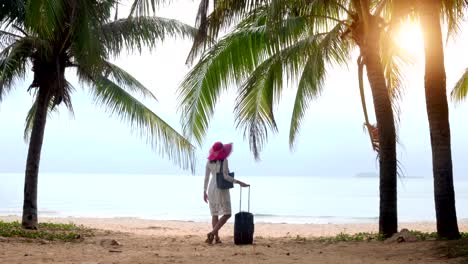 Mädchen-Tourist-mit-Gepäck-steht-unter-palm