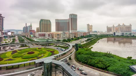 china-macau-city-famous-day-light-traffic-circle-hotel-bay-panorama-4k-time-lapse