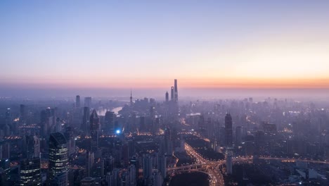 Aerial-view-of-Shanghai-at-dawn,-time-lapse