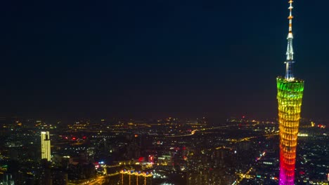 China-noche-tiempo-iluminación-gungzhou-famosa-ciudad-Cantón-torre-panorama-aéreo-superior-4k-timelapse