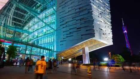 night-guangzhou-downtown-library-entrance-crowded-4k-timelapse-china