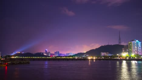 Zhuhai-Stadtbild-Nacht-Beleuchtung-Bucht-Panorama-4-k-Zeit-hinfällig,-china
