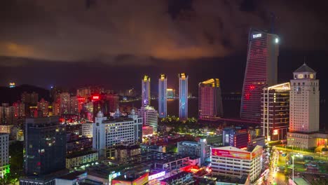 night-bright-illuminated-zhuhai-cityscape-downtown-rooftop-panorama-4k-time-lapse-china
