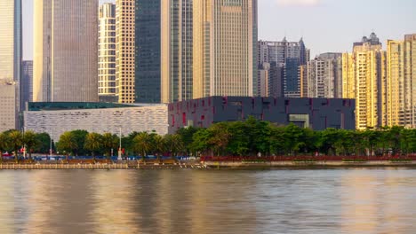 Sonnenuntergang-Guangzhou-City-Museum-und-Bibliothek-Panorama-4-k-Zeit-hinfällig,-china