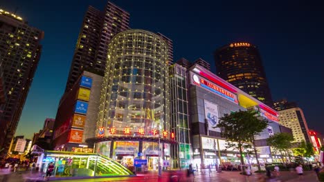 Sonnenuntergang-Nacht-Shenzhen-Stadt-berühmten-shopping-Blocks-Panorama-4-k-Zeit-hinfällig,-china