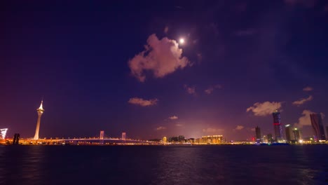 China-noche-Bahía-luz-zhuhai-Macao-ciudad-famosa-Torre-Costa-panorama-4k-timelapse