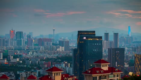 china-sunset-sky-zhuhai-famous-mountain-park-top-cityscape-aerial-panorama-4k-timelapse