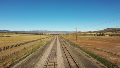 Vista-aérea-a-lo-largo-de-pistas-vacías-del-ferrocarril-hacia-las-estribaciones-de-las-montañas-rocosas-de-Colorado