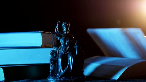 The-Statue-of-Justice---Statuette,-light-and-books