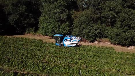 Máquina-cosecha-uva,-vista-aérea-del-país-del-vino-cosecha-de-la-uva-con-la-máquina-segador,-zángano-de-la-vista-del-paisaje-de-viñedos-de-Bordeaux,-Francia