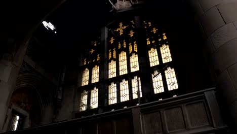 CLOSE-UP:-Imposing-ruined-gothic-chapel-in-abandoned-Methodist-Church,-Gary