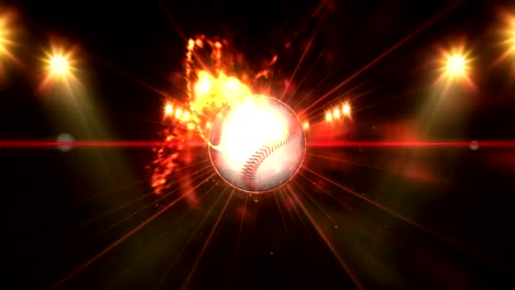 Baseball,-beleuchtete-leuchtend-gelbe-Farbe-Strahler-In-Nachtszene