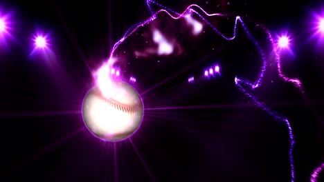 Béisbol,-focos-de-color-púrpura-brillante-iluminada,-en-escena-de-la-noche