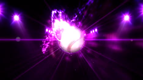 Baseball,-Illuminated-bright-purple-color-spotlights,-In-night-scene